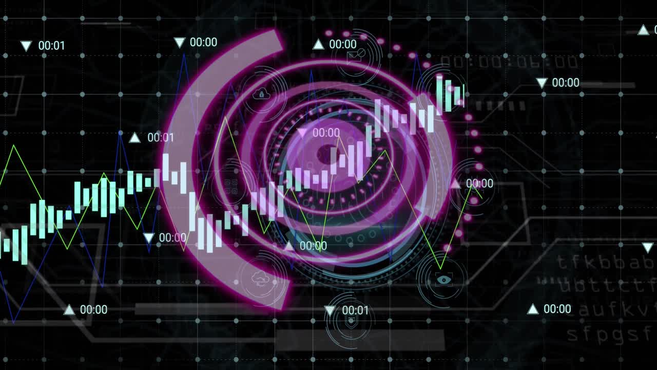 Animation of purple circle, numbers and graphs on black background