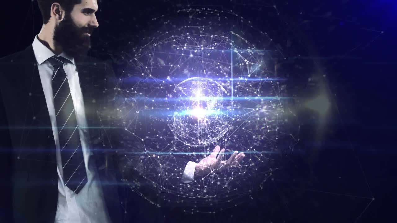 la imagen digital del hombre de negocios hipster está usando una interfaz futurista