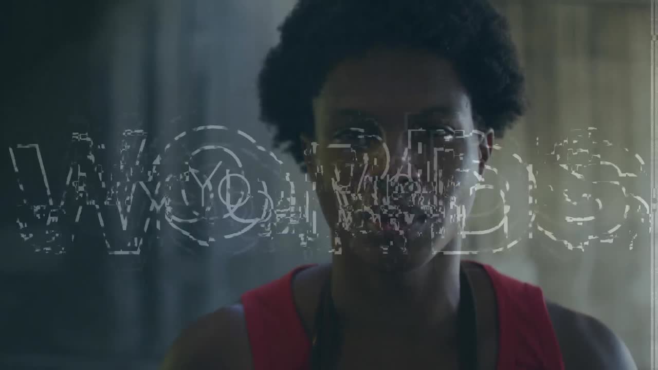 Animation of you win text and interference over biracial sportsman