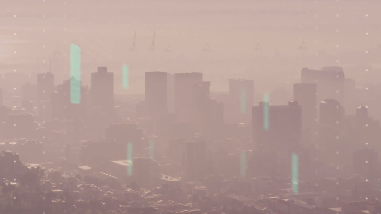 Animation of data processing with flickering screens over cityscape