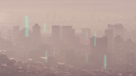 animación del procesamiento de datos con pantallas parpadeantes sobre el paisaje urbano.