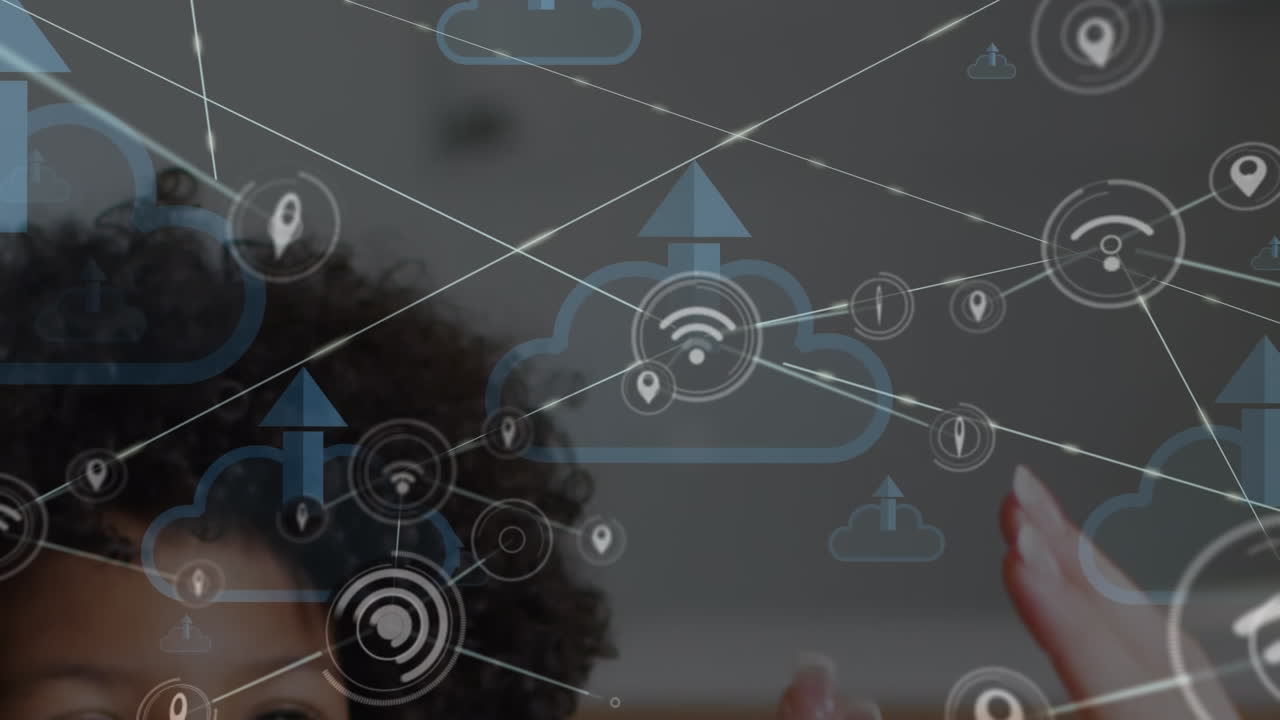 animación de la red de conexiones e iconos de nube sobre diversos escolares y maestros