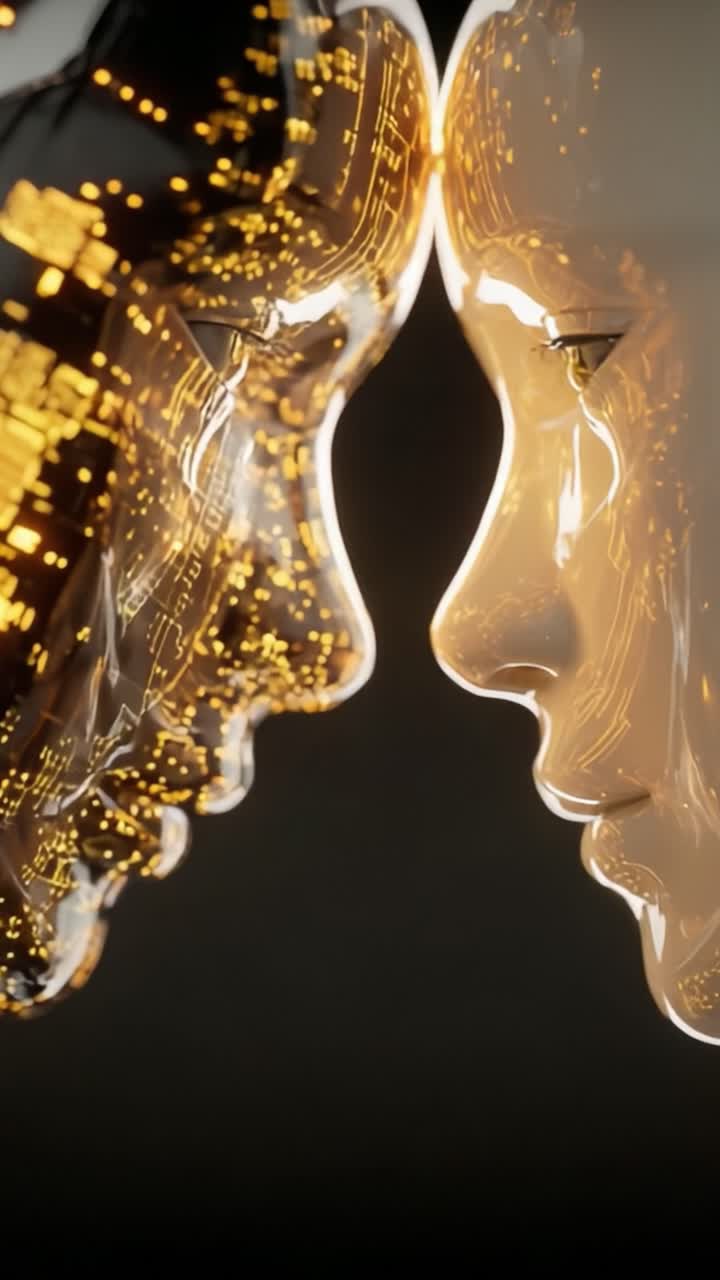 Un incontro ravvicinato tra due volti robotici futuristici, che mostrano intricati modelli digitali ed elementi elettronici luminosi, a rappresentare la fusione tra tecnologia e umanità