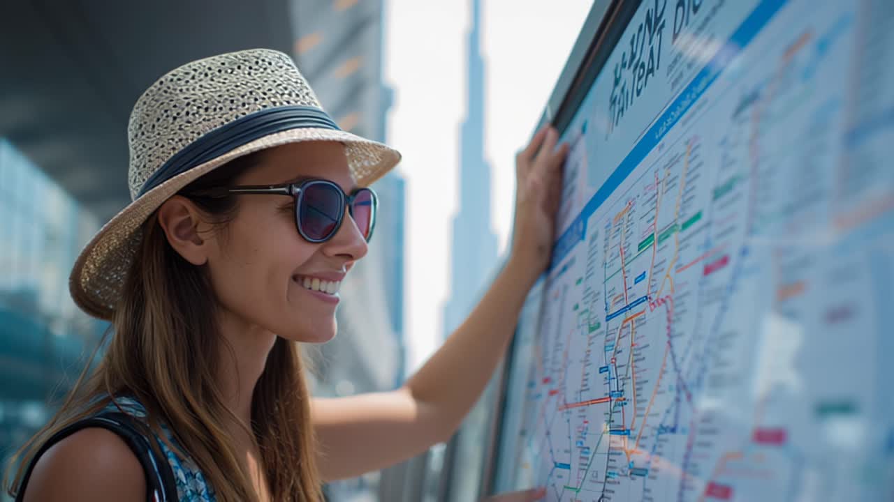 Young woman traveler in hat and sunglasses smiling while studying a city metro map at a modern outdoor station, capturing urban tourism, navigation and summer vacation lifestyle