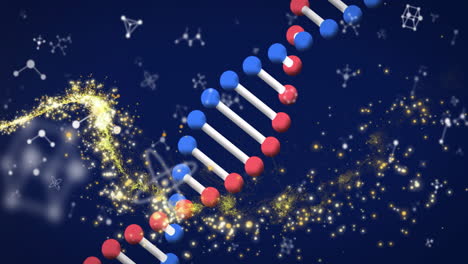 animation of molecules over dna strand and light spots on black background