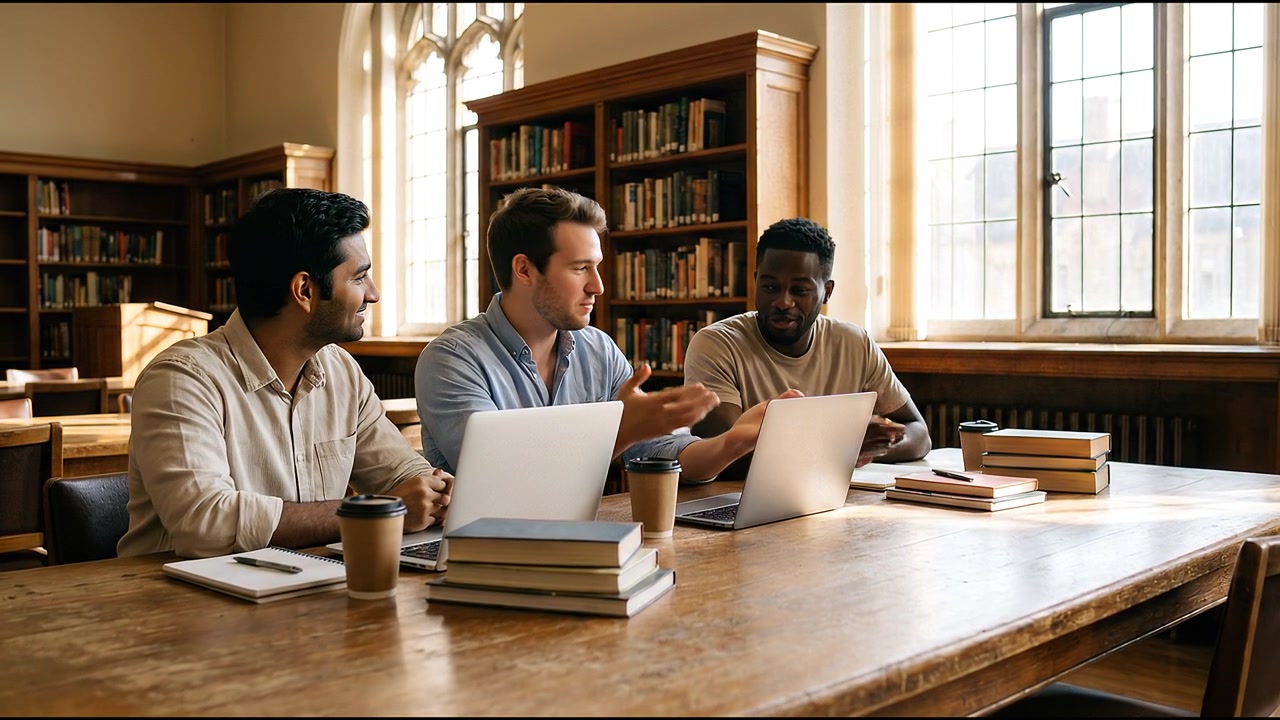 Studenti universitari di diverse etnie che collaborano ai laptop in una biblioteca universitaria.