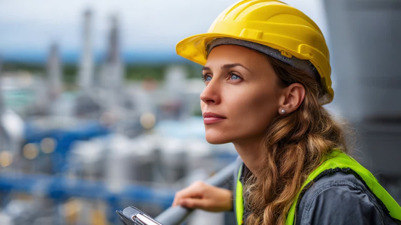 Focused and Determined Female Engineer in Safety Gear Overlooking Industrial Operations, Capturing the Spirit of Innovation and Leadership in the Engineering Sector with a Thoughtful Expression