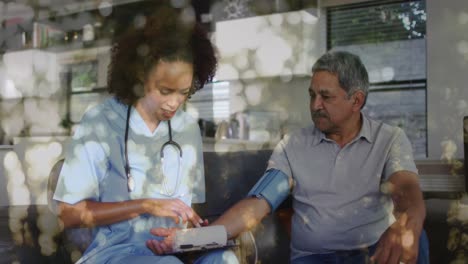 animación de bokeh sobre diversos médicos y pacientes midiendo la presión arterial.