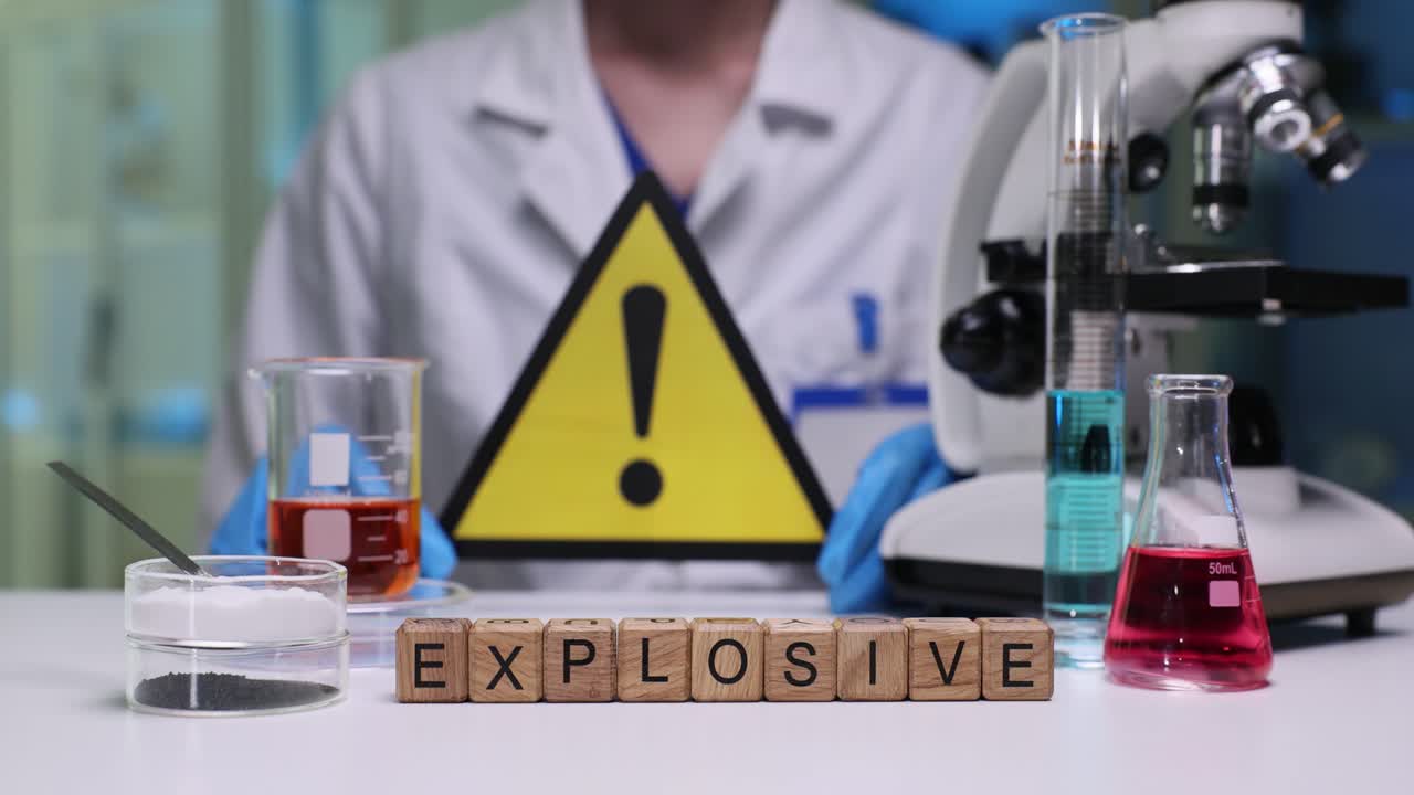 Cubi di legno su un tavolo da laboratorio formano la parola "esplosivo", disposti da uno scienziato.