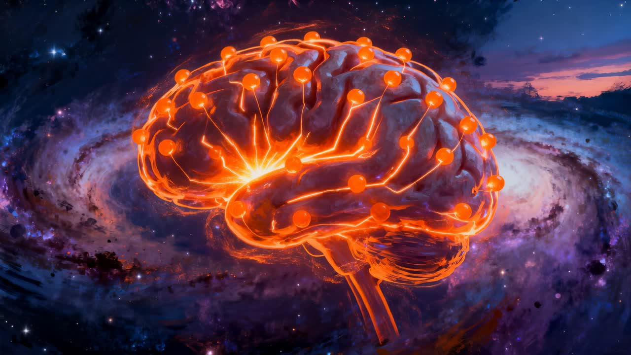 Cervello pulsante che fa brillare i nodi e percorsi che si diffondono dal primo impulso in una galassia, per il flusso del segnale.