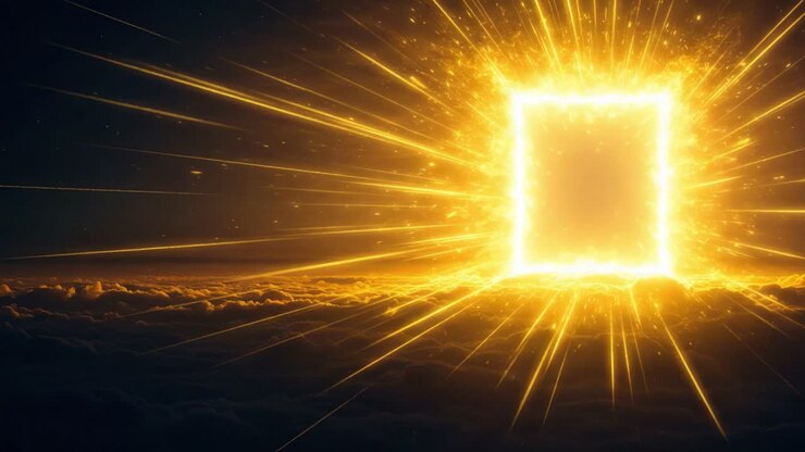 Un portale radioso, ornato da raggi di luce dorati, emerge da un mare di nuvole, invitando all'esplorazione di un regno mistico dove l'immaginazione incontra la realtà.