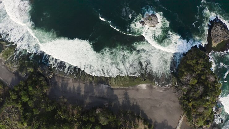 Aerial View of a Rocky Beach with Waves