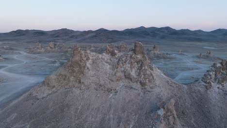 aerial drone shot trona pinnacles california desert at sunrise