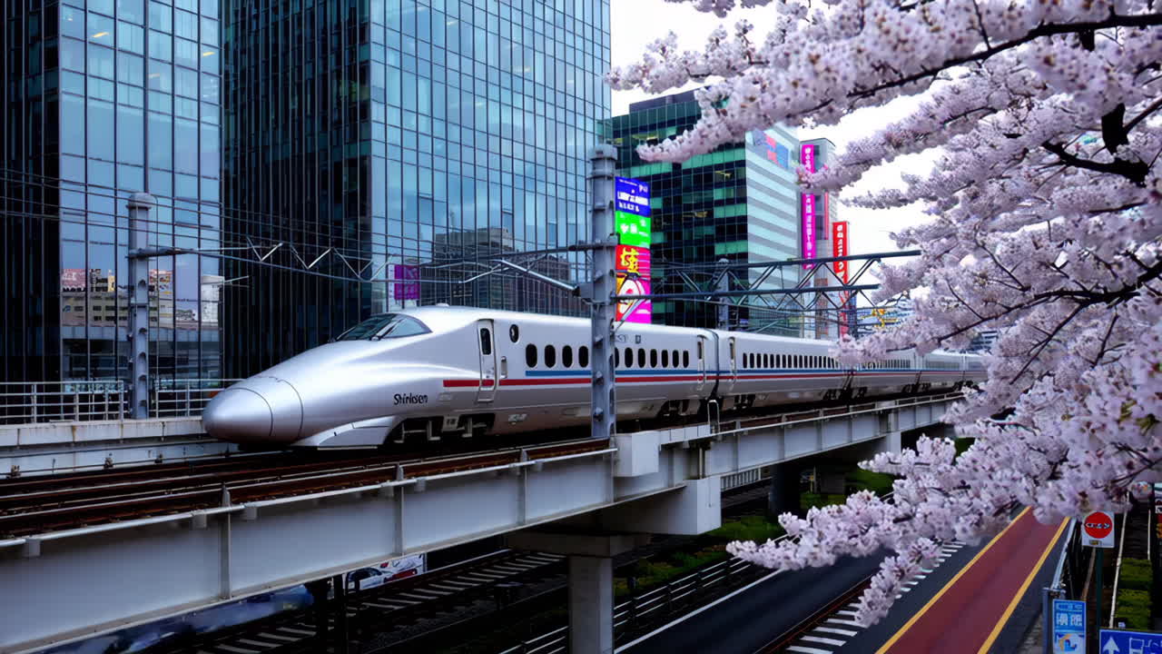 Shinkansen train passing through a city with cherry blossoms