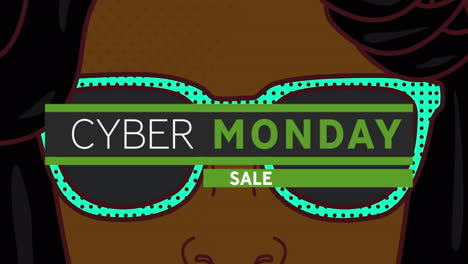 animación digital de la venta de cyber monday banner de texto contra la mujer que lleva gafas de sol icono