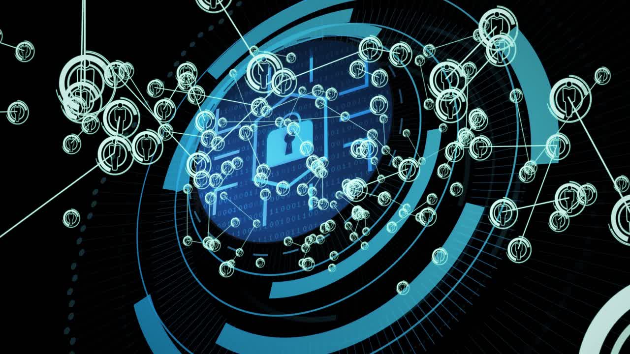 Camera zooming toward center, central HUD padlock drawing nodes inward, forming secure network