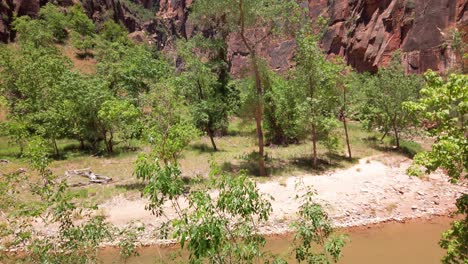 Tilting-down-shot-from-Zion-Canyon-rock-peaks-to-a-river