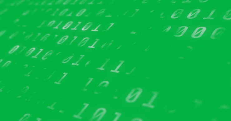 Digital animation of binary coding data processing against black background