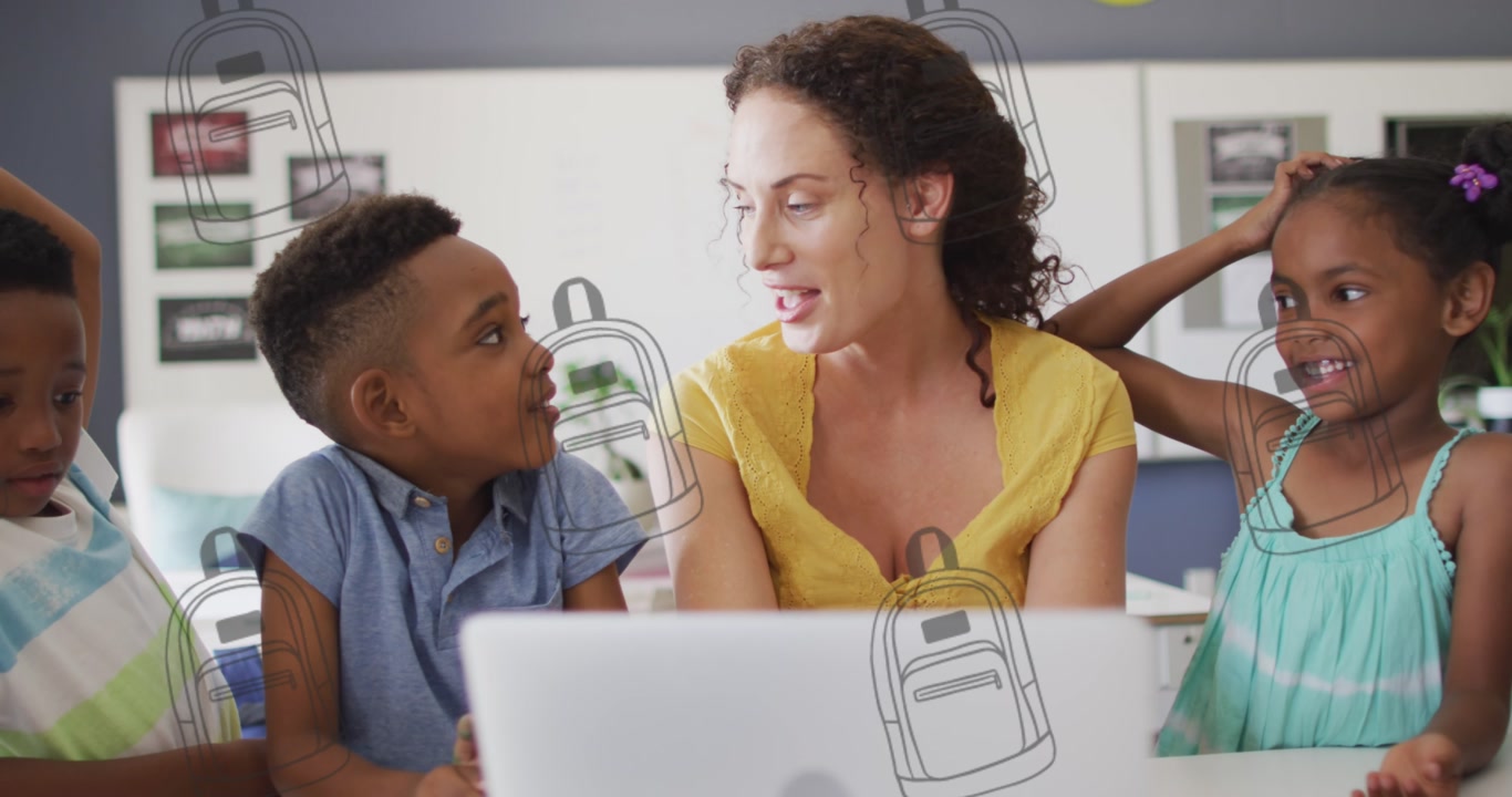Animation of schoolbag icons over african american schoolchildren with teacher