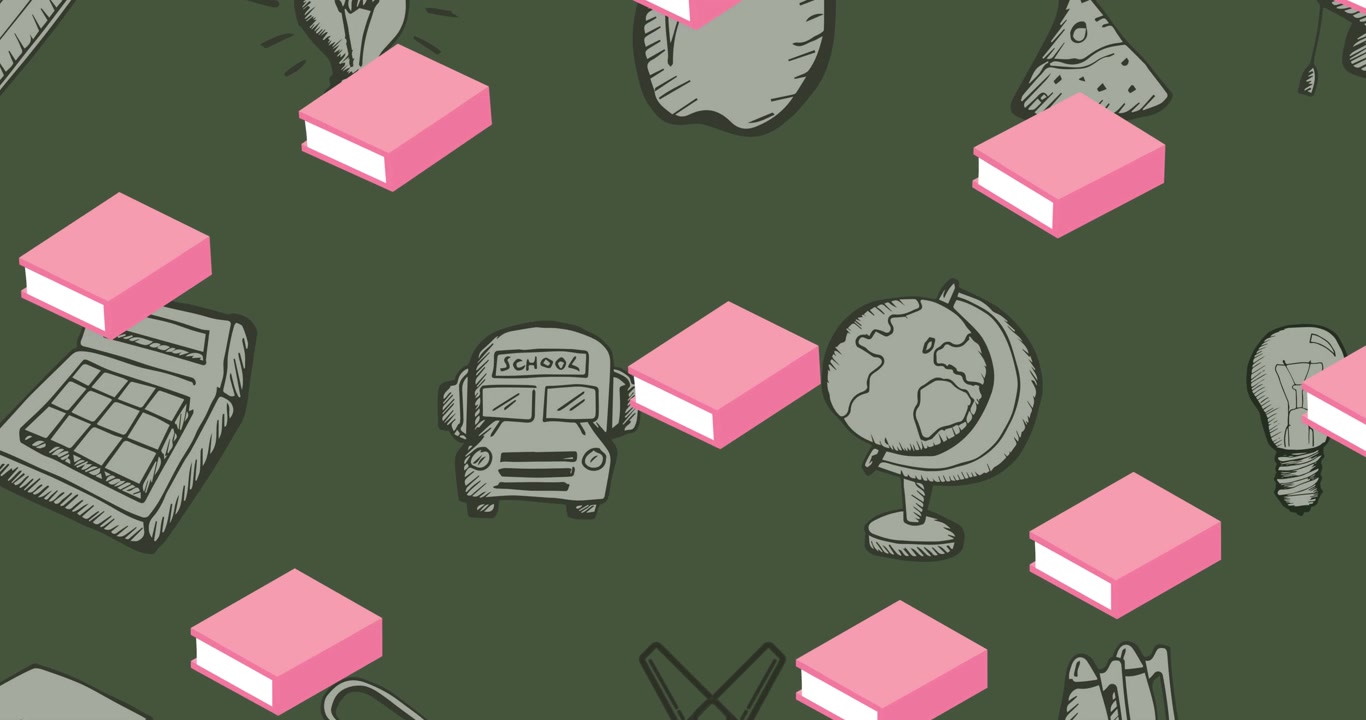 Animation of repeated pink books moving over school related items drawn on green chalkboard