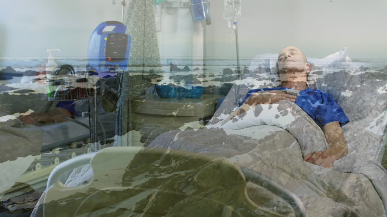 Resting in hospital bed, man with serene landscape animation overlay