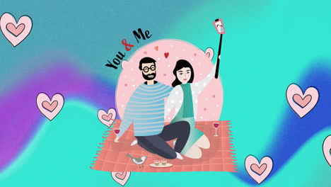 animación de la ilustración de una pareja feliz en una manta de picnic tomando una selfie, con corazones rosados