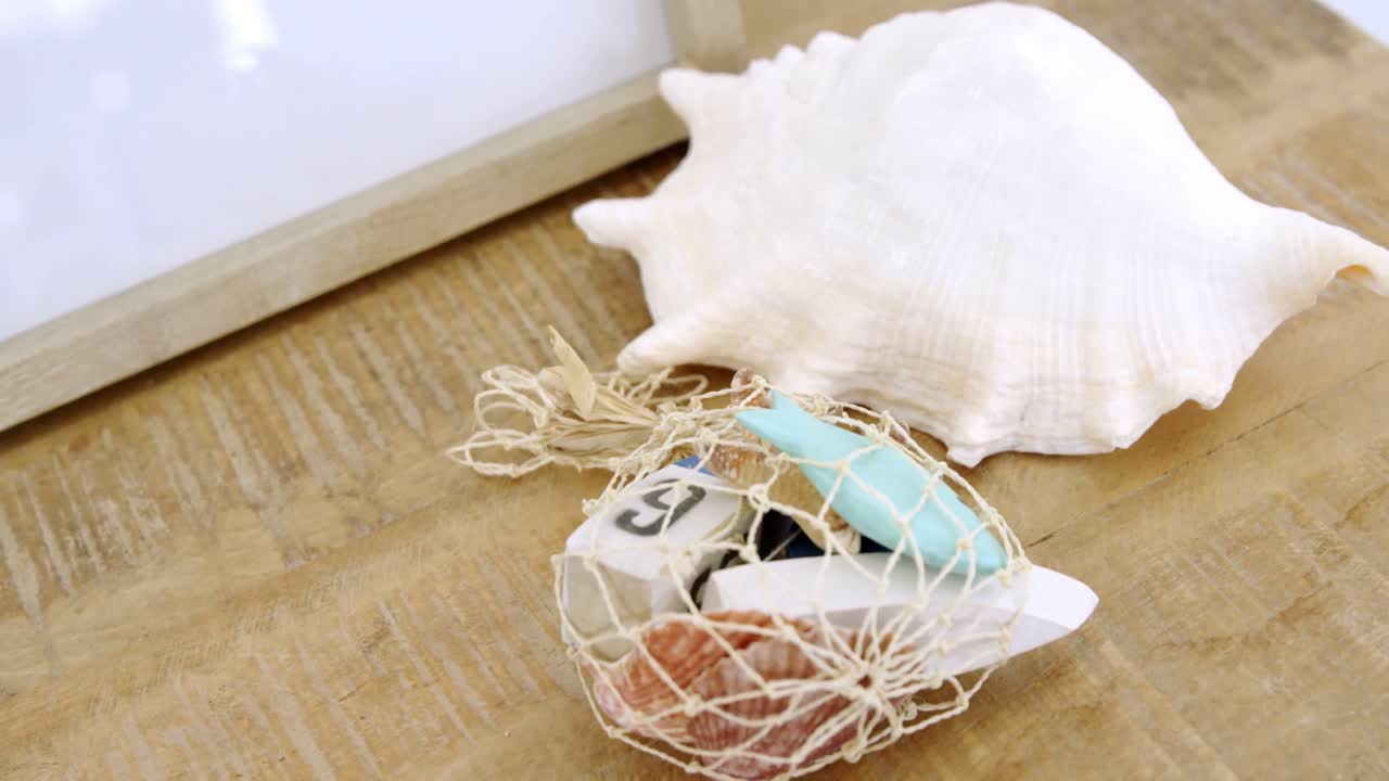 морские ракушки и игрушки на деревянном столе 4k