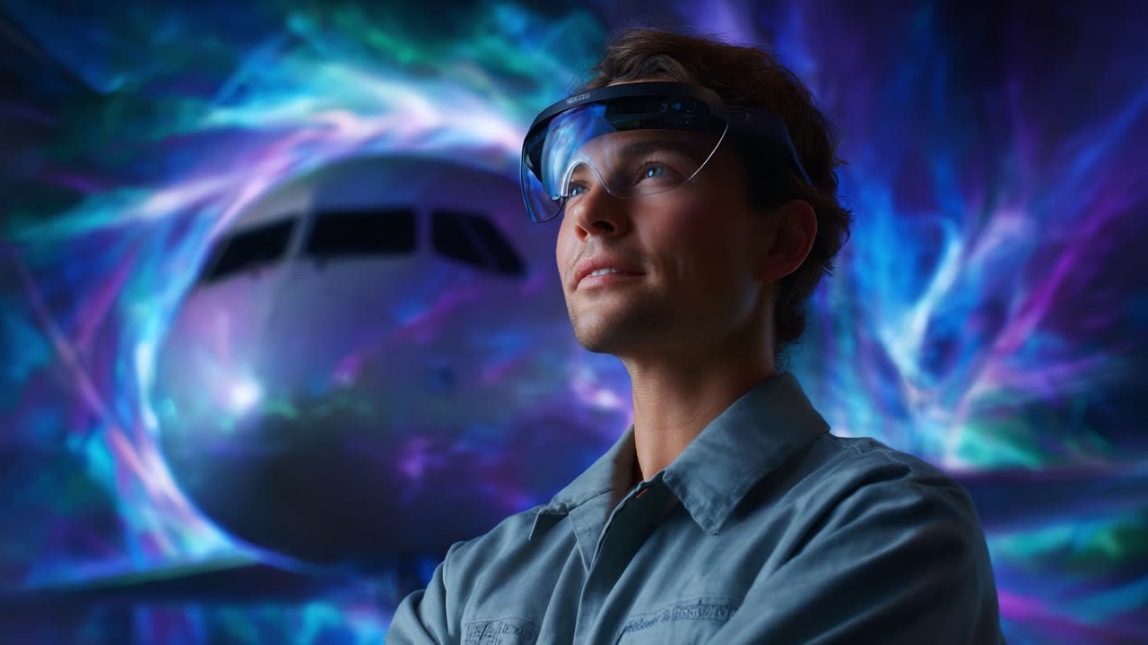 Un ingegnere visionario che immagina il futuro della tecnologia aeronautica con la realtà aumentata in un ambiente elegante con uno sfondo di un aereo moderno
