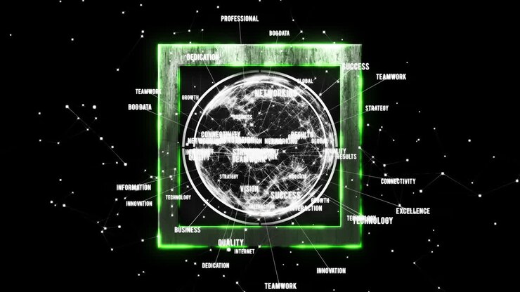 Animation of ai data processing over globe and dark background