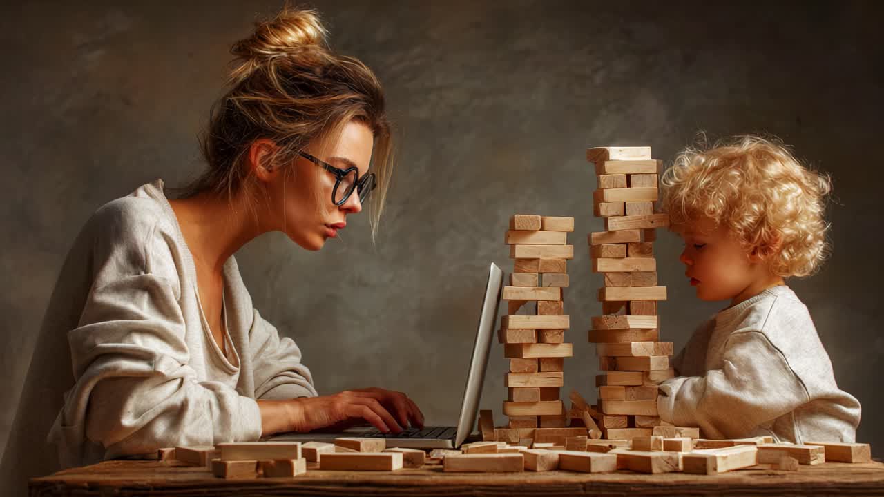 A focused moment of creativity and play: a mother works on her laptop while her child builds with wooden blocks, showcasing the bond of learning and exploration in their shared space