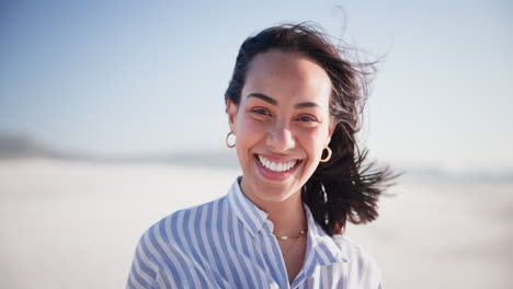 Summer,-holiday-and-face-of-happy-woman-on-beach