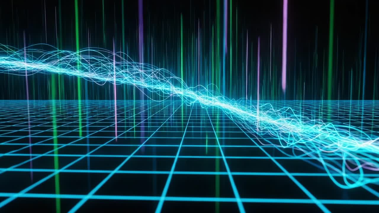 Dynamic Visualization of Waveforms: Exploring the Vibrant Patterns and Pulses of Digital Waves in a Neon-Infused Grid Environment