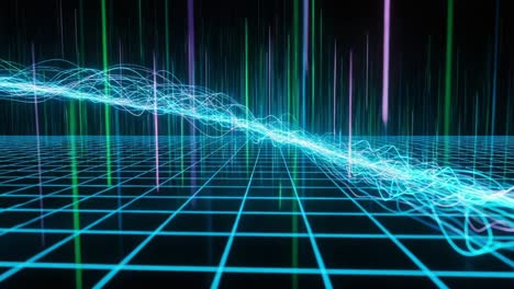 dynamic visualization of waveforms: exploring the vibrant patterns and pulses of digital waves in a neon-infused grid environment