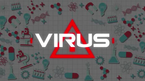 Virus-text-and-warning-symbol-against-science-concept-icons-on-square-lined-paper