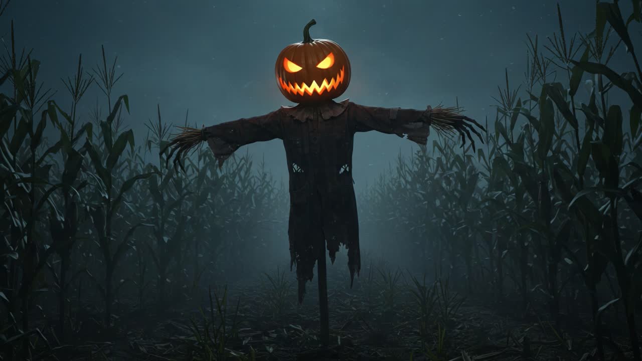 A Creepy Scarecrow with a Jack-o'-Lantern Head Looms Over a Misty Cornfield, Setting a Haunting Scene Perfect for Halloween Nights and Spooky Adventures