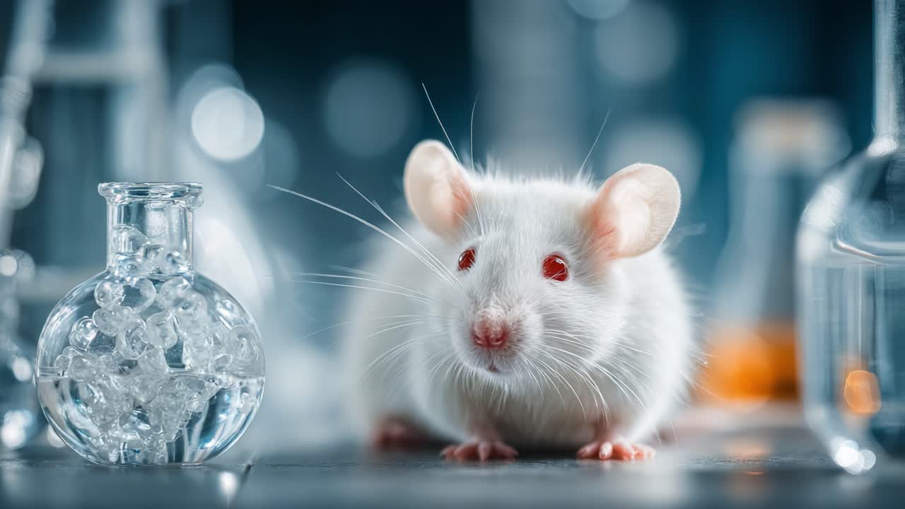 Un primo piano di un topo bianco da laboratorio tra attrezzature scientifiche, che cattura le complessità della vita e della ricerca in un ambiente di laboratorio