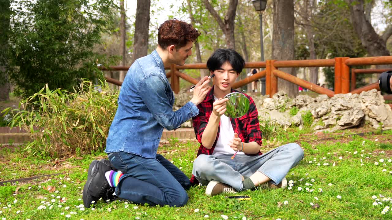 Two Friends Doing Makeup in the Park