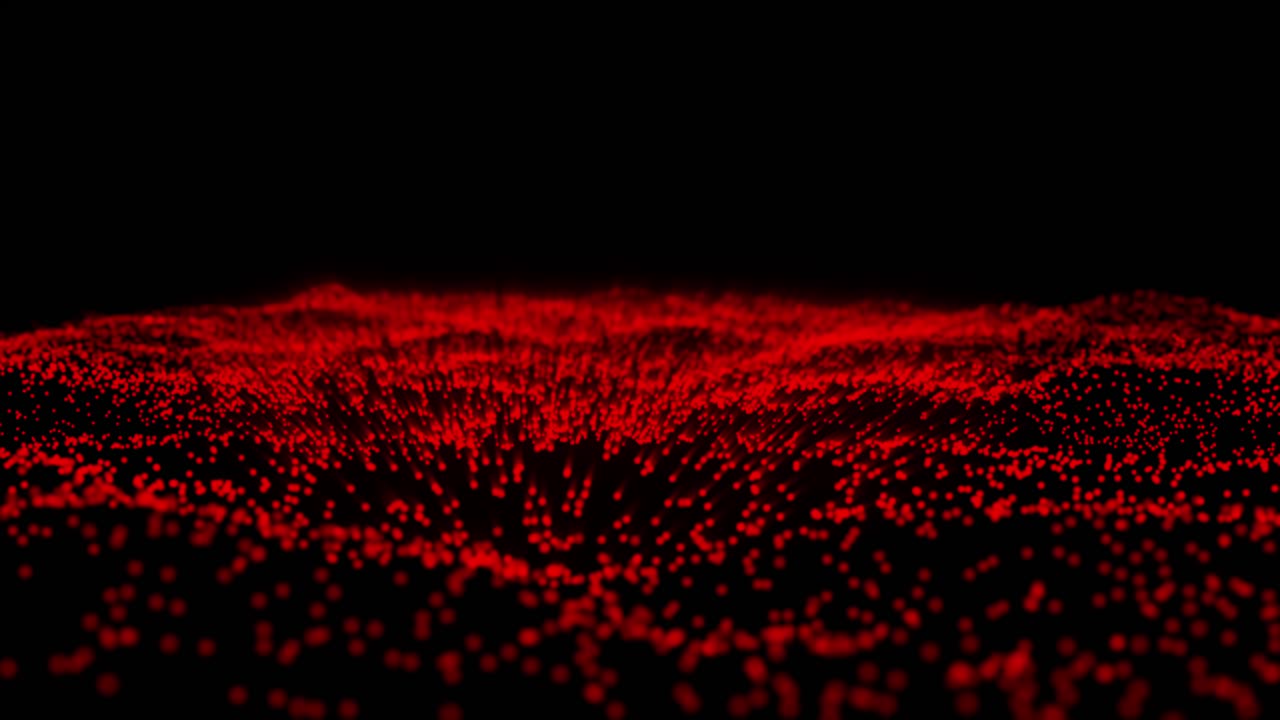 Abstract field of red particles forms waving digital landscape on black background. Technology, data, or energy concept, seamless loop