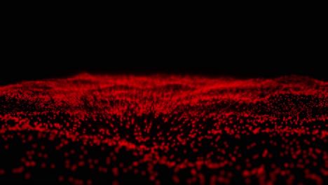 abstract field of red particles forms waving digital landscape on black background. technology, data, or energy concept, seamless loop