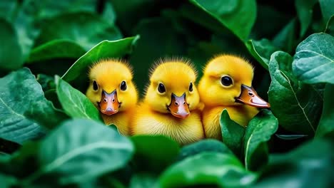 three yellow ducklings in the leaves