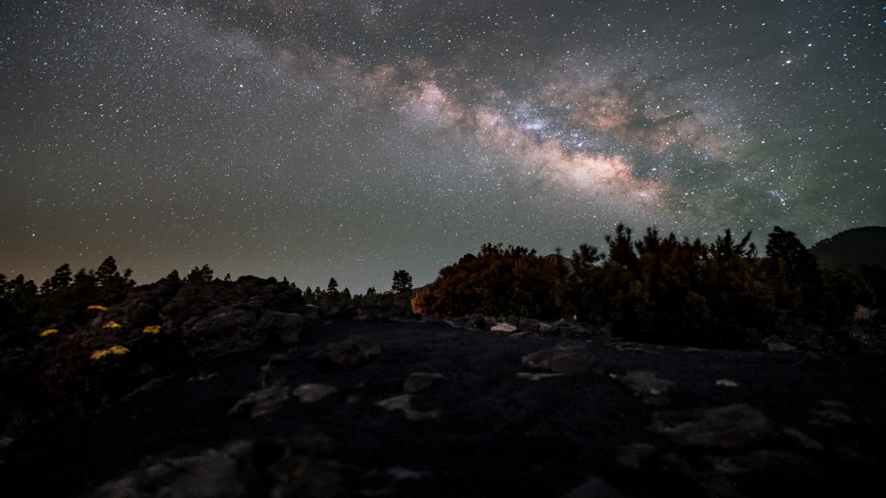 Milky Way over volcanic landscape at Mirador Llano de Jable, La Palma island, timelapse