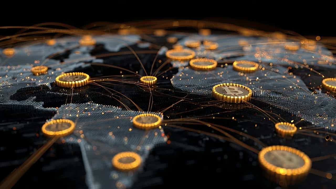 Rete globale di criptovalute con monete digitali connesse da linee