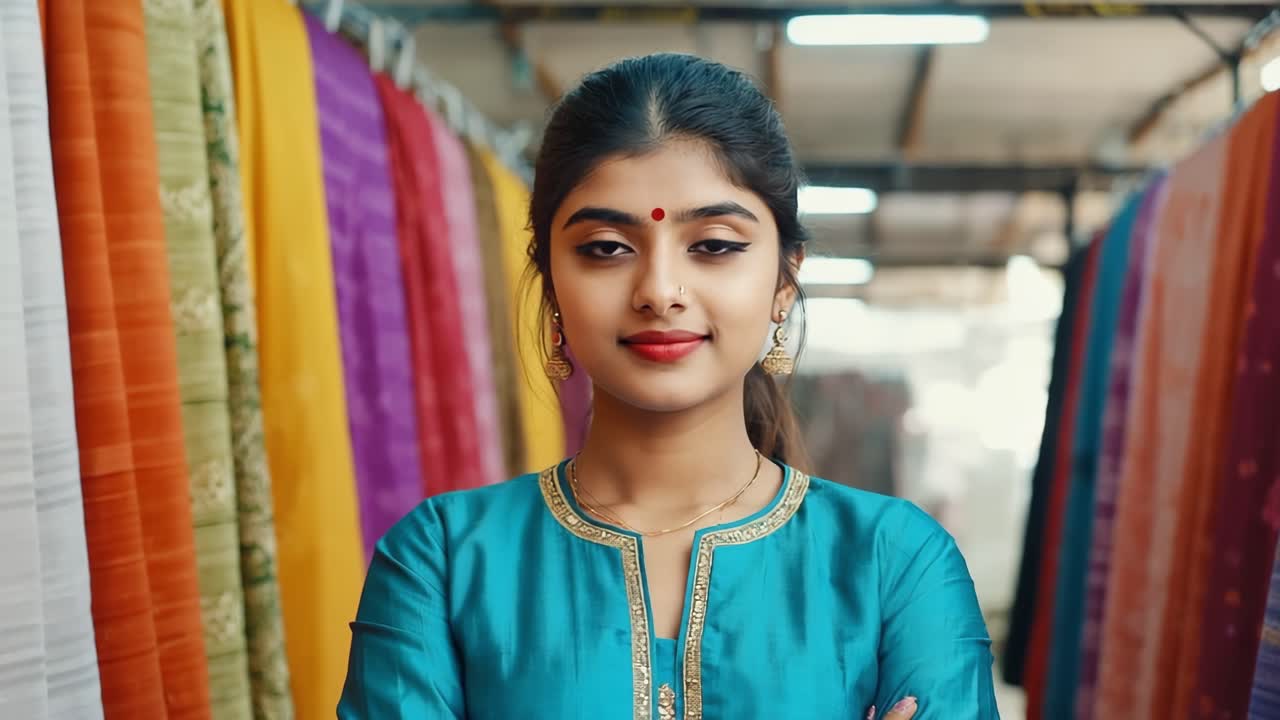 Young saleswoman smiling confidently with arms crossed in her vibrant textile shop, showcasing traditional Indian clothing and elegant jewelry, embodying the essence of cultural beauty