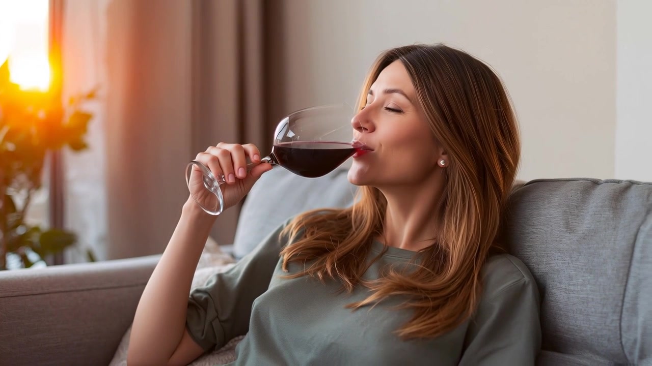 Smiling while holding glass, woman in green top lifting, sniffing, sipping wine on sofa, relaxing