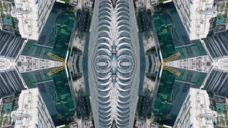 Tilt-down-high-angle-view-of-skyscrapers-in-modern-urban-borough.-Abstract-computer-effect-digital-composed-footage.