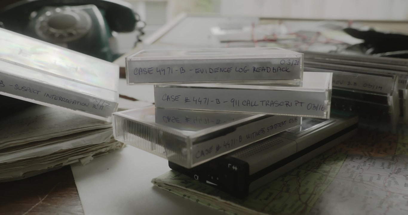 Slide shot reveals a detective board featuring retro cassette tapes as archived evidence for a cold case crime investigation.