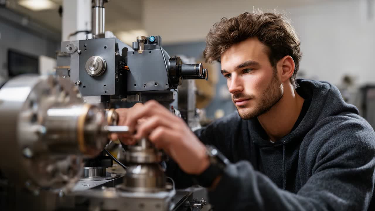 A focused young engineer meticulously working on advanced machinery, showcasing his skills and dedication in a modern workshop environment, surrounded by high-tech equipment and tools that enhance productivity
