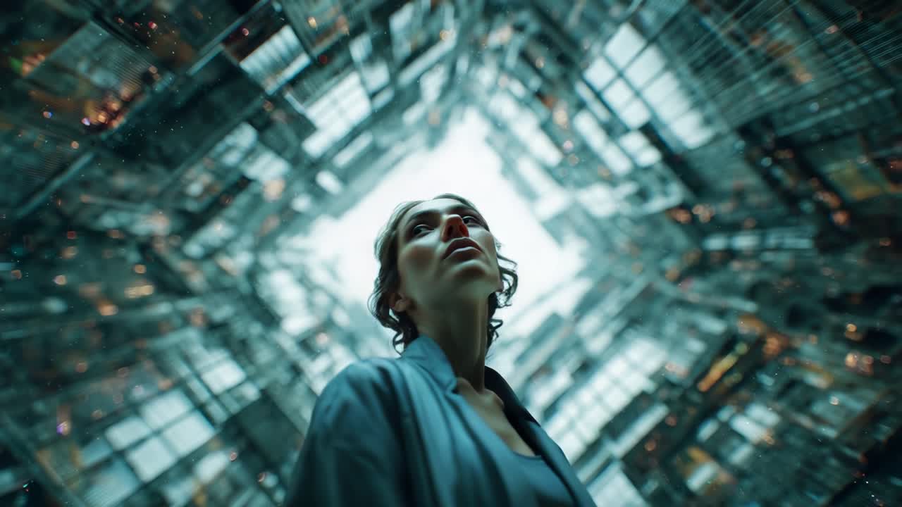 A contemplative figure gazes upward in a mesmerizing, reflective environment, surrounded by intricate glass structures that create a kaleidoscope of light and shadows, inspiring wonder