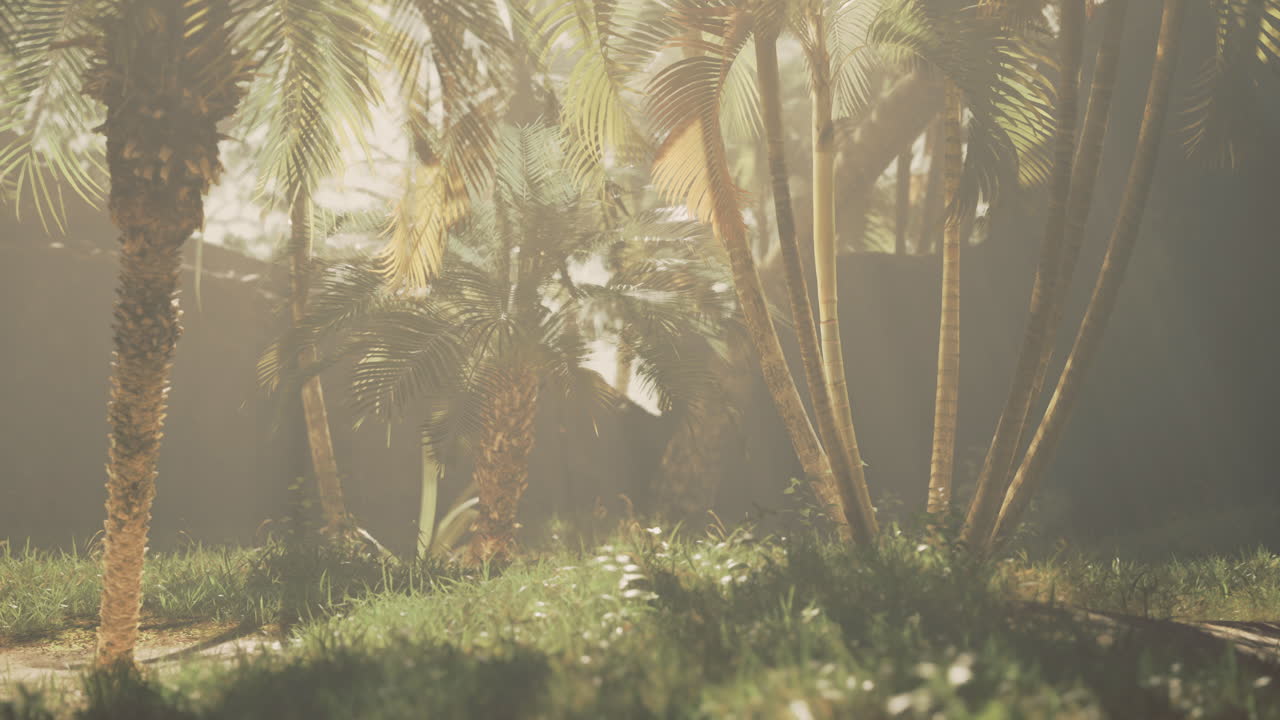 Sunlight filtering through palm trees in a serene tropical paradise setting