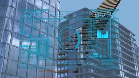 Animation-of-interface-with-data-processing-over-staircase-icon-against-tall-buildings